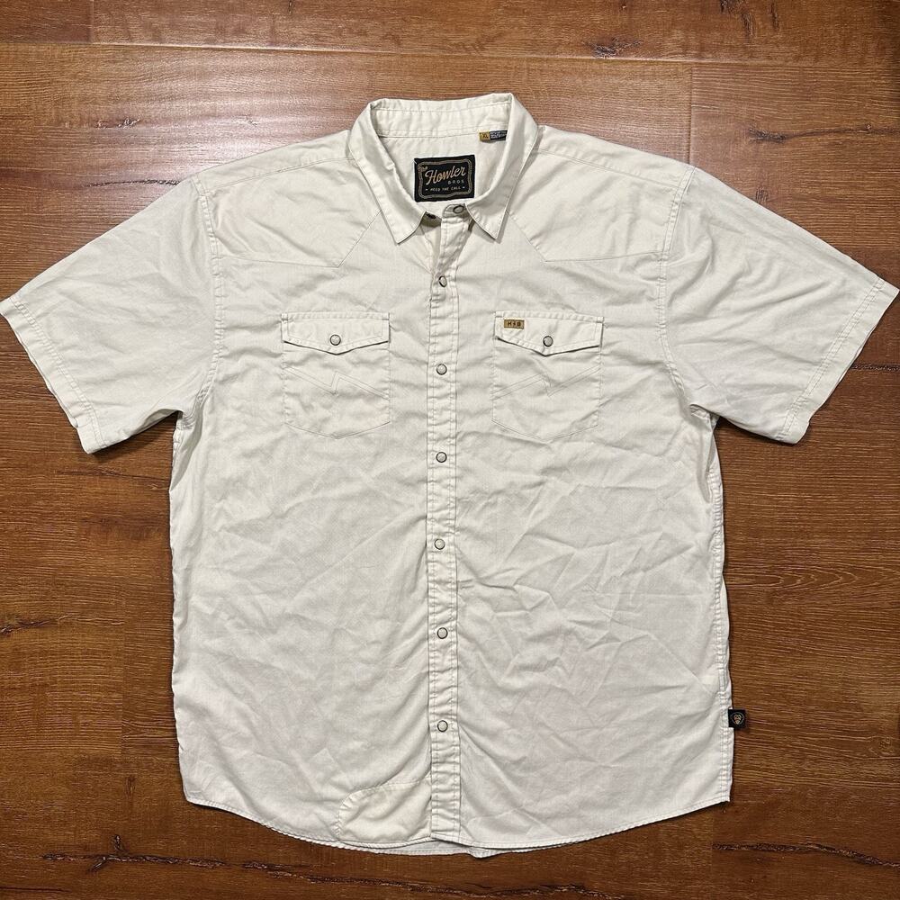 Howler Bros Pearl Snap Shirt Mens XL Beige Short Sleeve H Bar B Western Retro